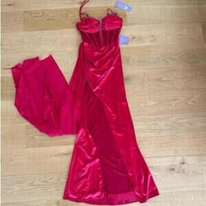 Ladivine - Cinderella Divine Fitted Strapless Corset Satin Gown in Red